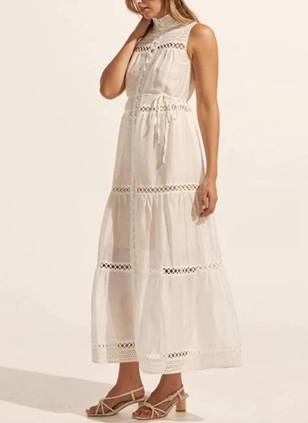 4250012 Hollow Embroidery Sleeveless Maxi Dress *White