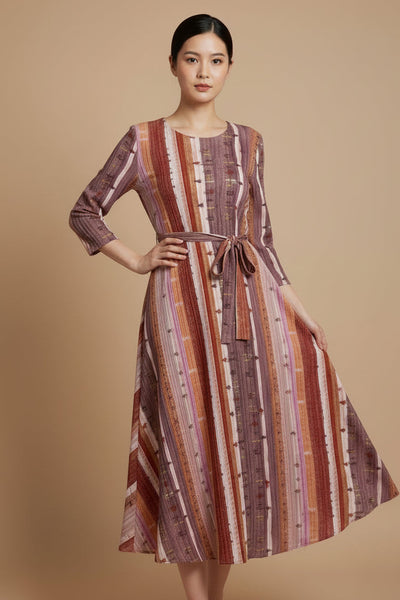 Vertical Stripes Pleated Midi Dress