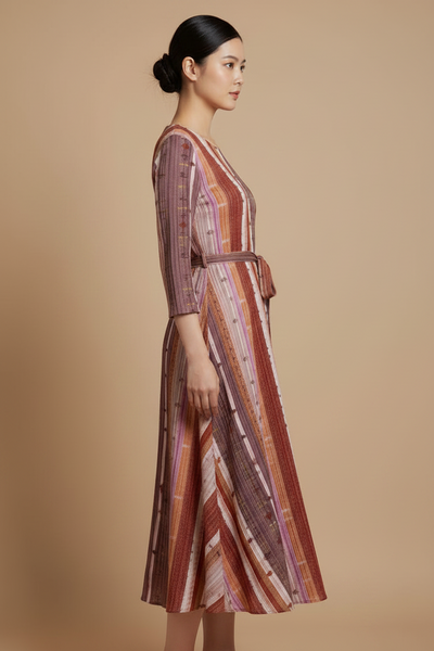 Vertical Stripes Pleated Midi Dress