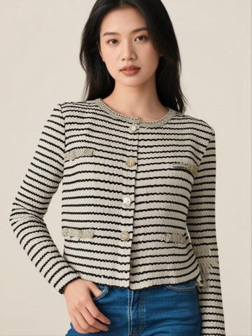 9250010 Stripes Pleated-Knit Cardigan