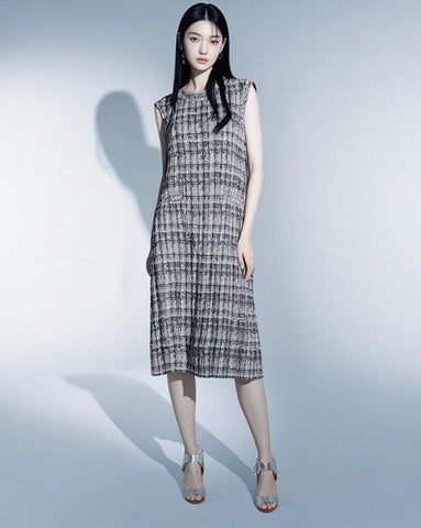 9250014 Tweed Style Pleated Dress