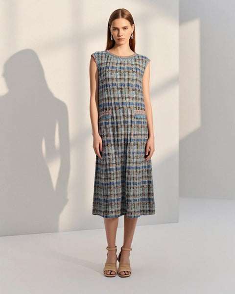 9250014 Tweed Style Pleated Dress