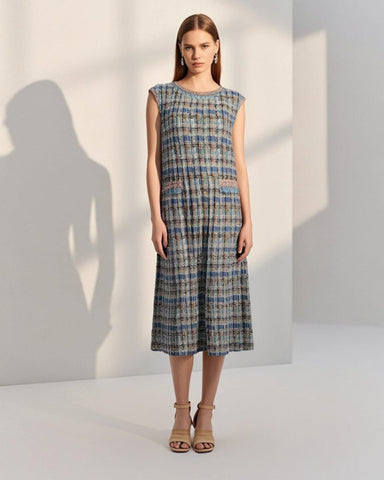 9250014 Tweed Style Pleated Dress