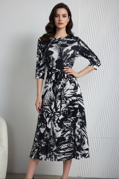 Botanical Print Pleated Midi Dress