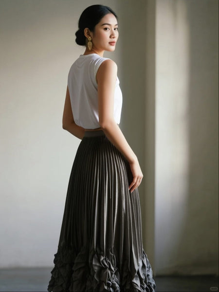 Satin Pleated Long Skirt