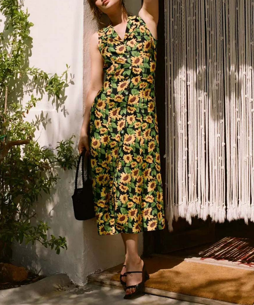3250038 Sunflower Printed Sleeveless Long Dress