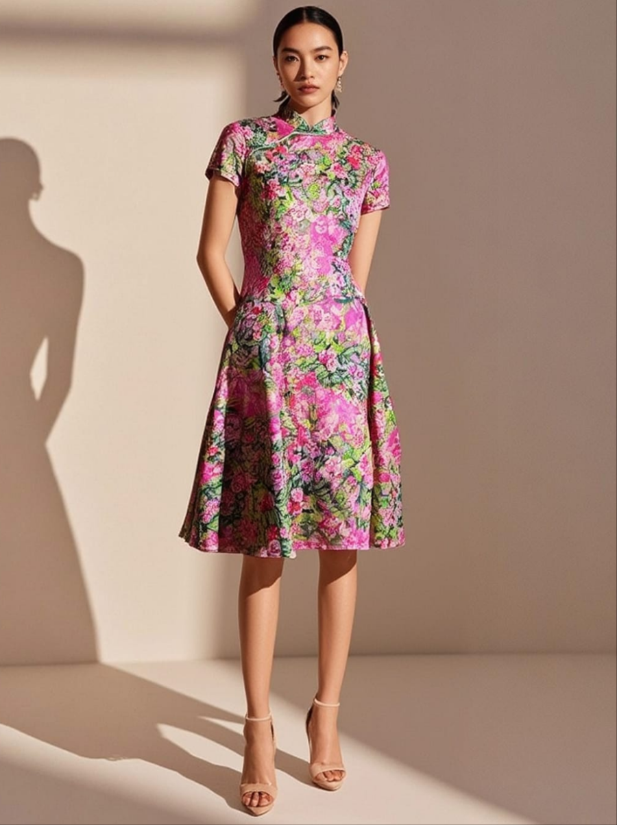 3250066 Mandarin Collar Floral Silk Cheongsam