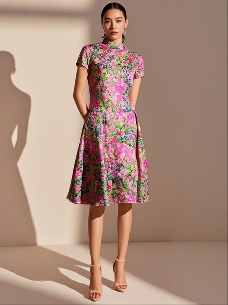 3250066 Mandarin Collar Floral Silk Cheongsam