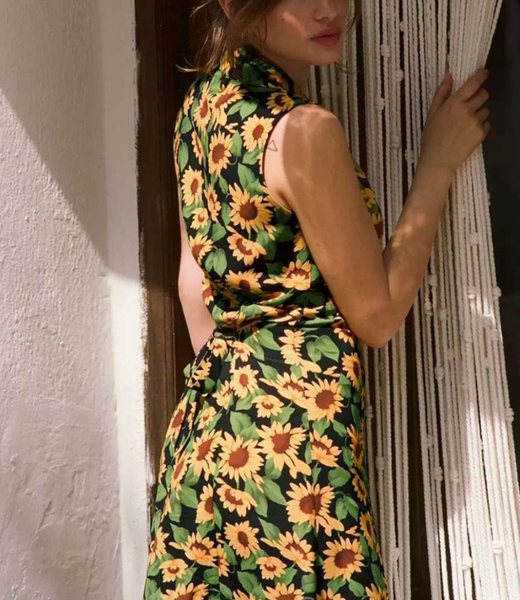 3250038 Sunflower Printed Sleeveless Long Dress
