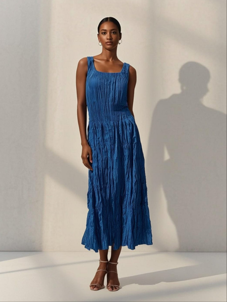 4250011 Square Neck Sleeveless Pleated Dress