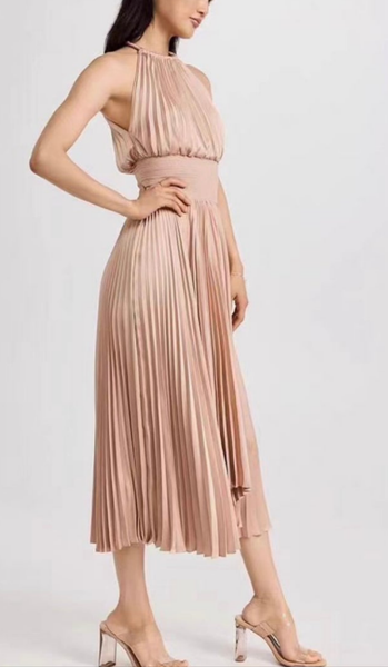 3250051 Halter Neck Tight Waist Pleated Dress *Beige