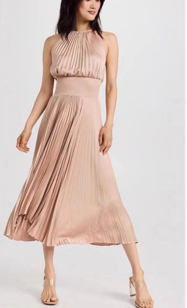 3250051 Halter Neck Tight Waist Pleated Dress *Beige