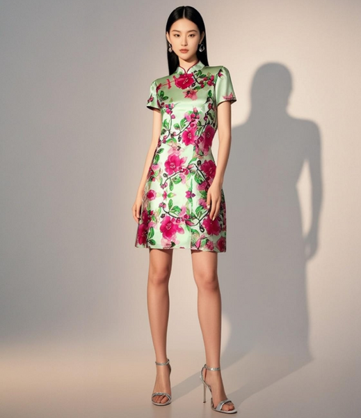 3250067 Mandarin Collar Floral Silk Cheongsam