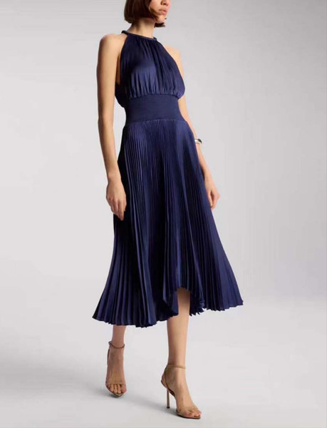 3250051 Halter Neck Tight Waist Pleated Dress *Preorder