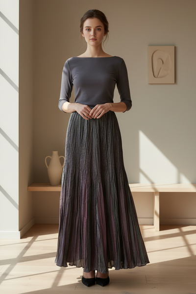 Irregular Pleated Printed Long Skirt