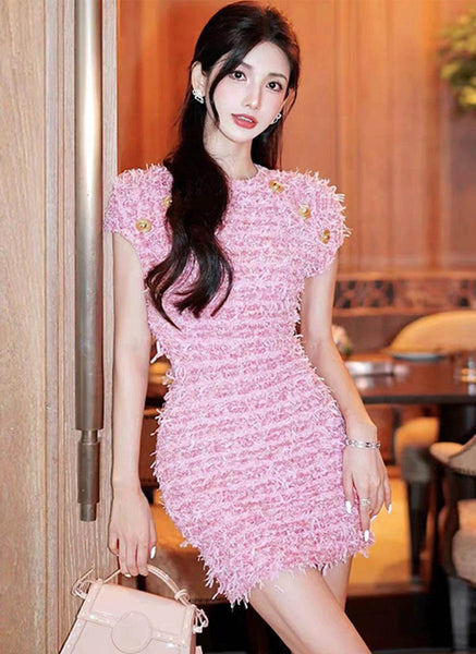 O240013 Round Neck Knitted Tweed Dress
