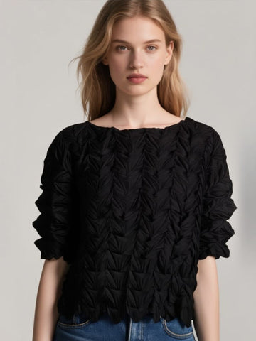 O250008 Ruched Leaf Textured Top
