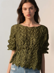 O250008 Ruched Leaves Textured Top