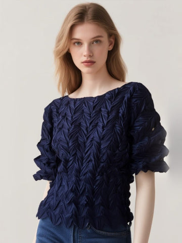 O250008 Ruched Leaf Textured Top