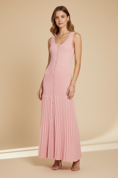 Button Down Fitted Bodice Knit Dress