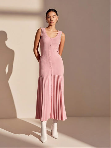 Button Down Fitted Bodice Knit Dress