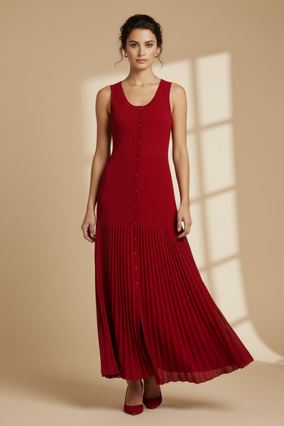 Button Down Fitted Bodice Knit Dress