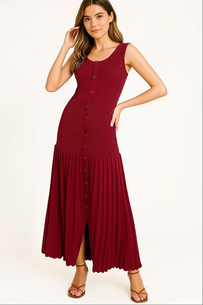 Button Down Fitted Bodice Knit Dress