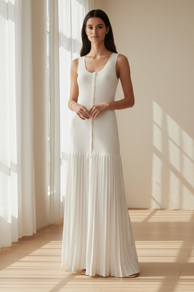 Button Down Fitted Bodice Knit Dress
