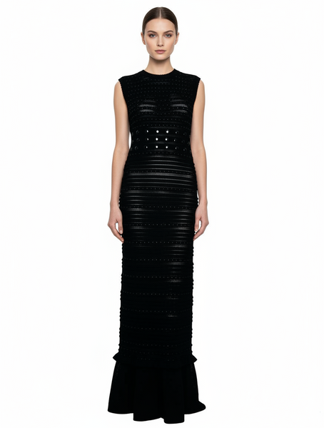 Horizontal Stripes Ruffle Hem Long Dress