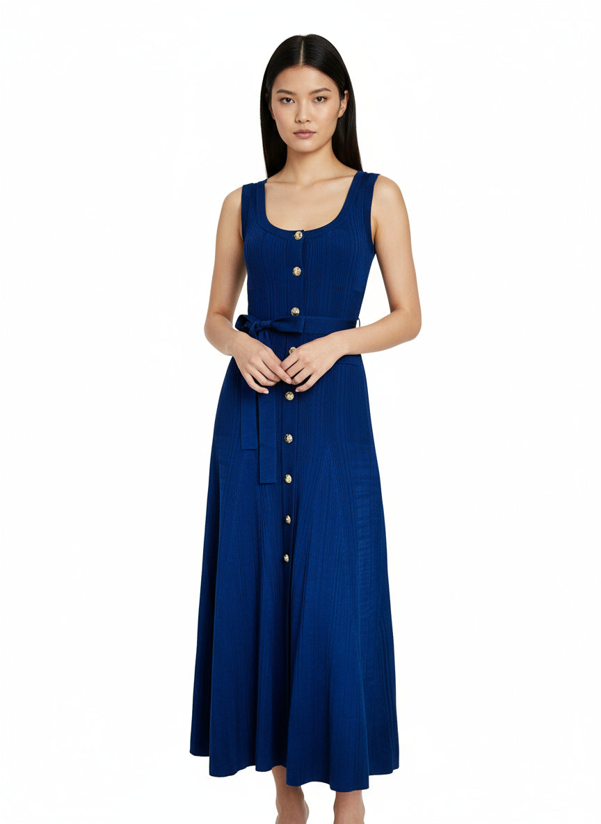 Square Neckline Fitted Bodice Knit Dress