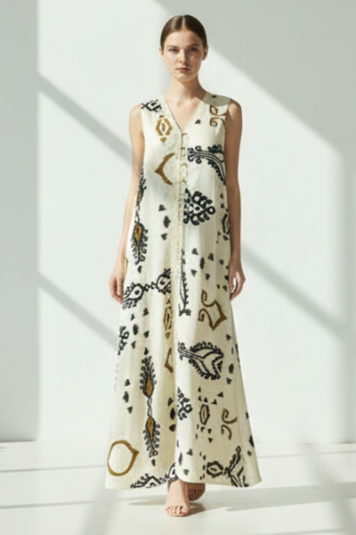 Abstract Print Button Front Dress