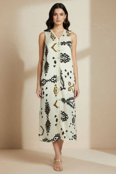 Abstract Print Button Front Dress