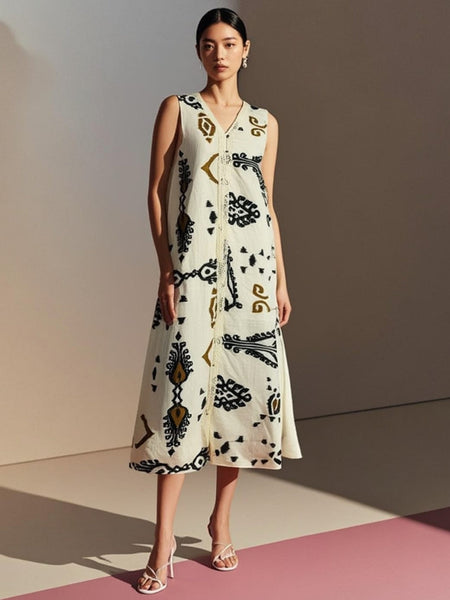 Abstract Print Button Front Dress