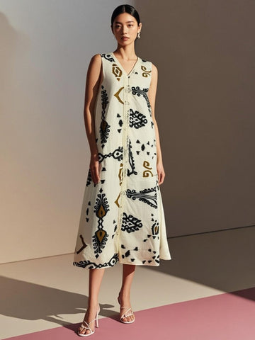 Abstract Print Button Front Dress