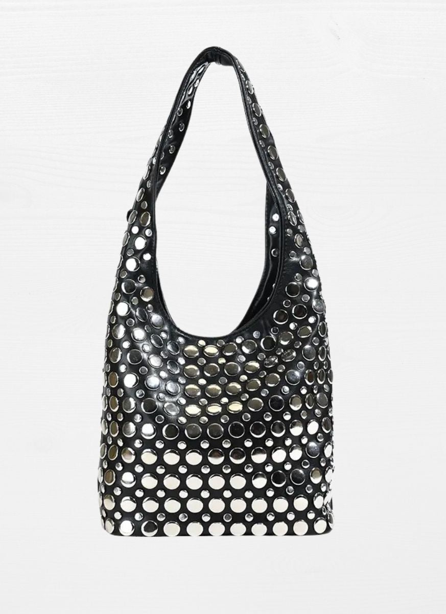 3250094 Studded Shoulder Leather Bag *Black