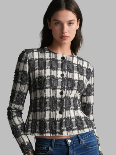 3250080 Long Sleeve Pleated Tweed Jacket