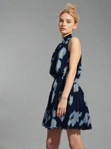 5250020 High Neck Sleeveless Pleated Mini Dress
