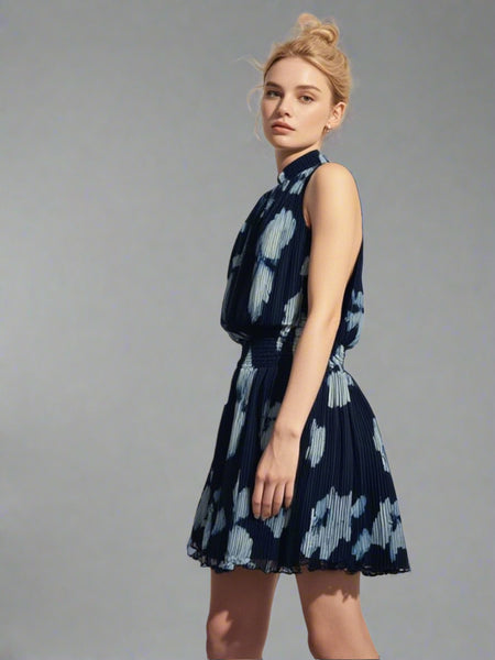 5250020 High Neck Sleeveless Pleated Mini Dress
