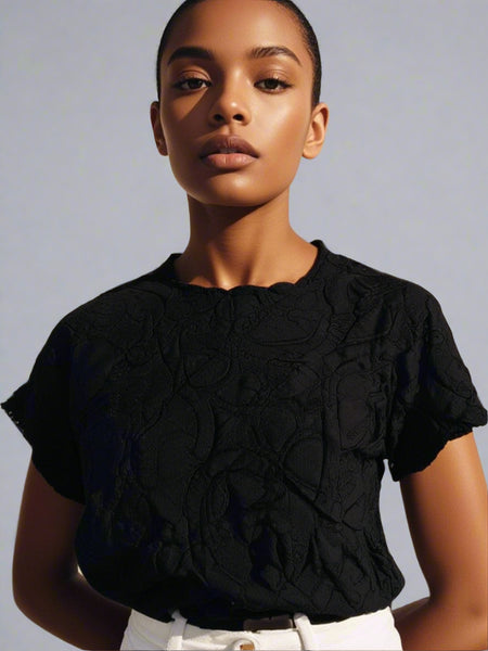 4250008 Round Neck Cap Sleeve Textured Top