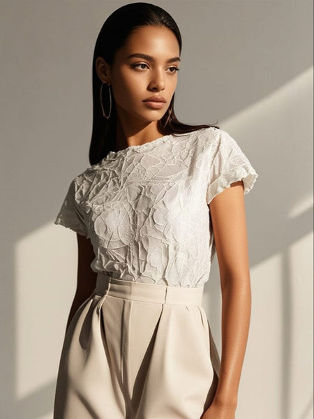 Round Neck Short Sleeve Pleated Top