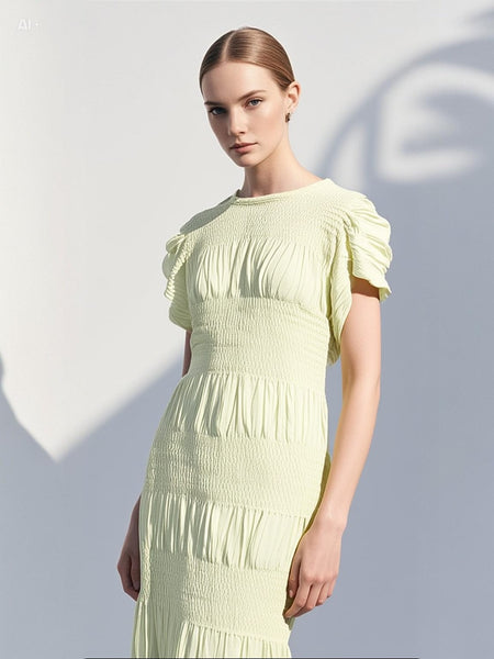 6250012 Shrink Stripe Pleated Long Dress