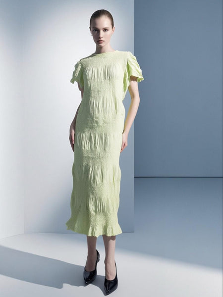 6250012 Shrink Stripe Pleated Long Dress
