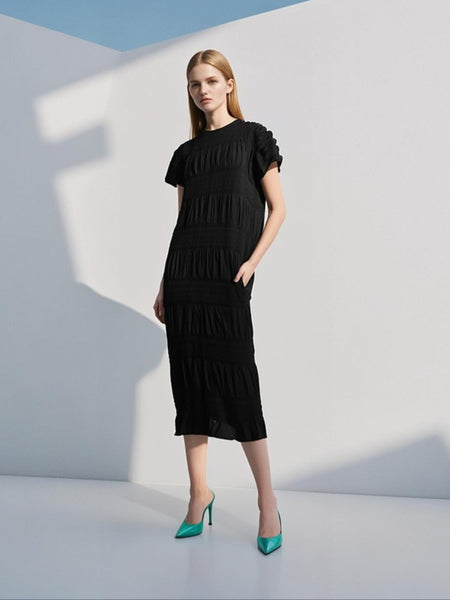6250012 Shrink Stripe Pleated Long Dress