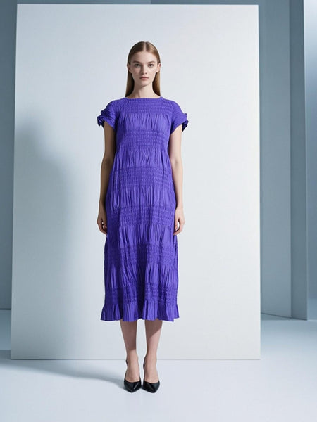 6250012 Shrink Stripe Pleated Long Dress