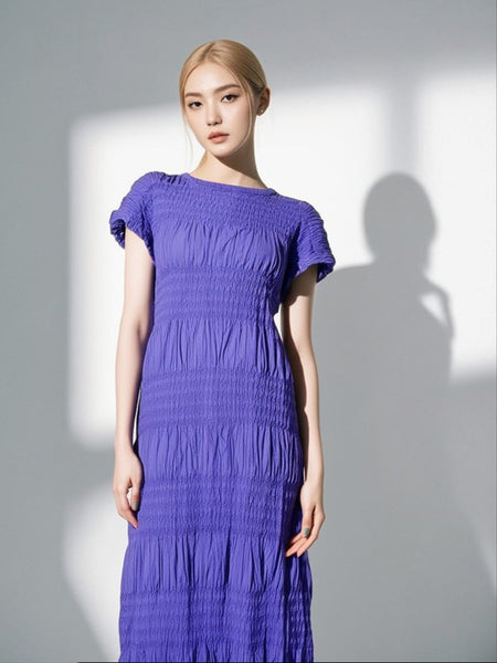 6250012 Shrink Stripe Pleated Long Dress