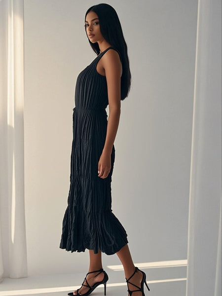 4250011 Square Neck Sleeveless Pleated Dress