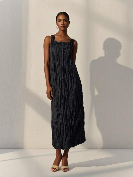 4250011 Square Neck Sleeveless Pleated Dress