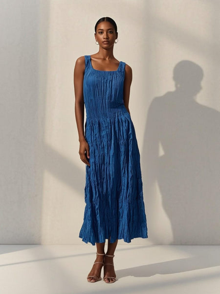 4250011 Square Neck Sleeveless Pleated Dress