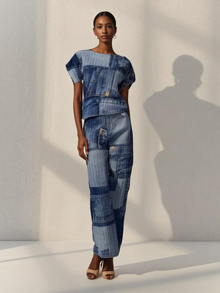 7250008 Denim Blend Pleated Top