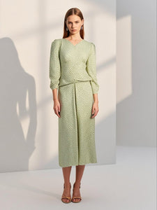 3250043 Printed Gathered Long Sleeve Midi Dress